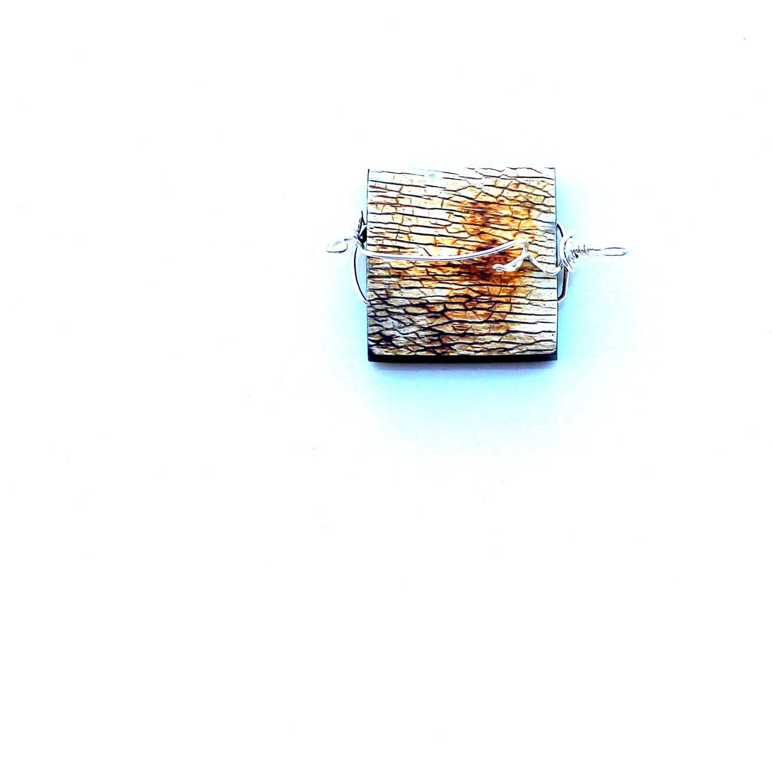 wire wrapped pendant. unique square horn pendant. FREE SHIPPING. mens gift or unisex gift. sterling wrapped zipper pull key fob