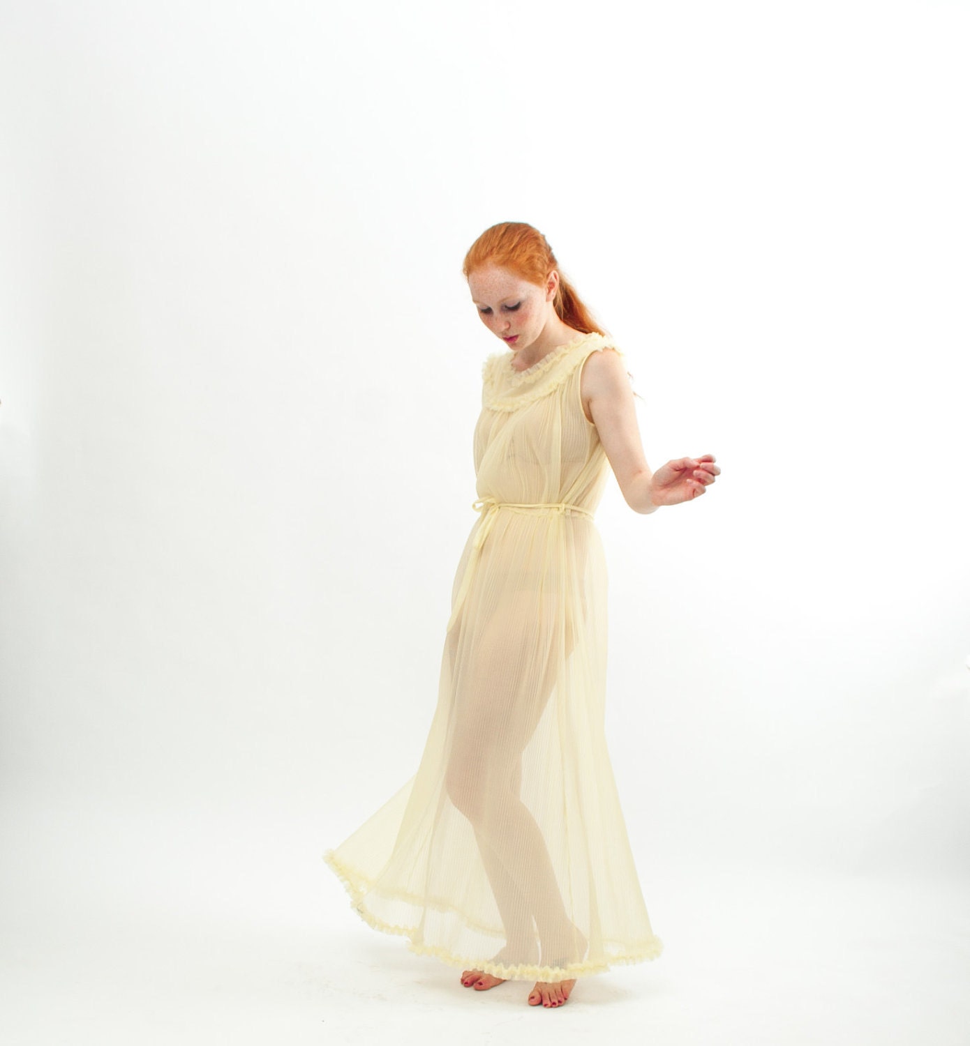 Vintage 1960s Nightgown - 60s Lingerie - Sheer Pale Yellow Grecian Style