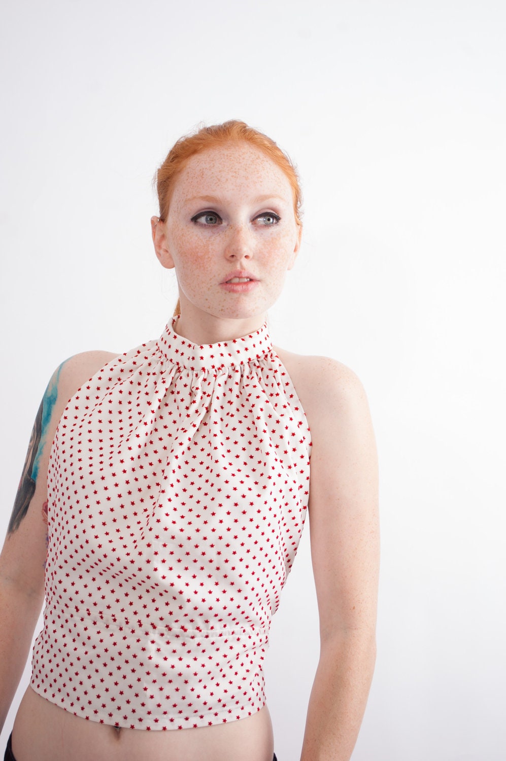 Vintage 1970s Halter Top - 70s Halter - Red and White Swiss Dot Stars