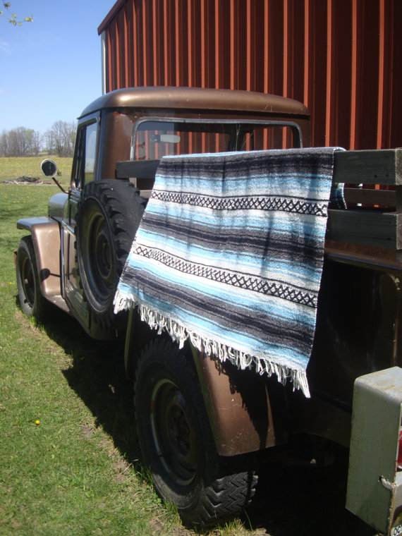 Vintage Hippie Shabby Chic Blanket Black Blue Gray and White