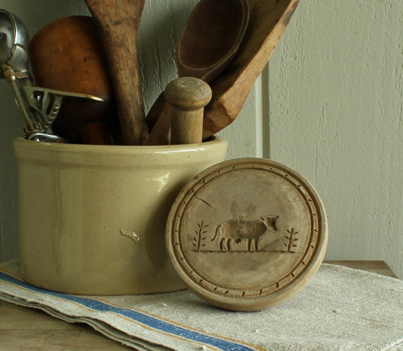 Antique Hand Carved Wood Butter Mold with Cow Print
