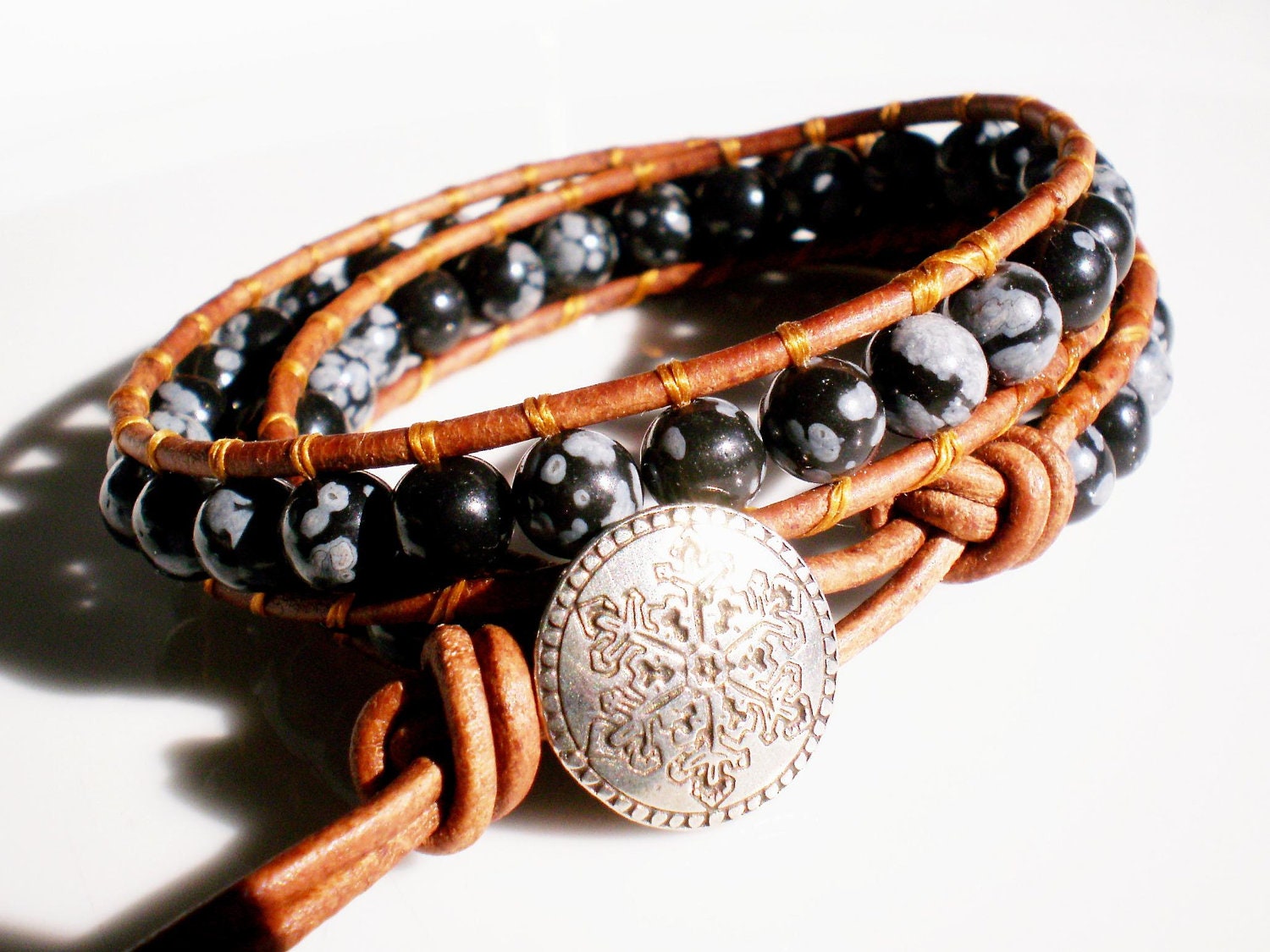 Snowflake Jewelry Obsidian with Pewter Snowflake Button