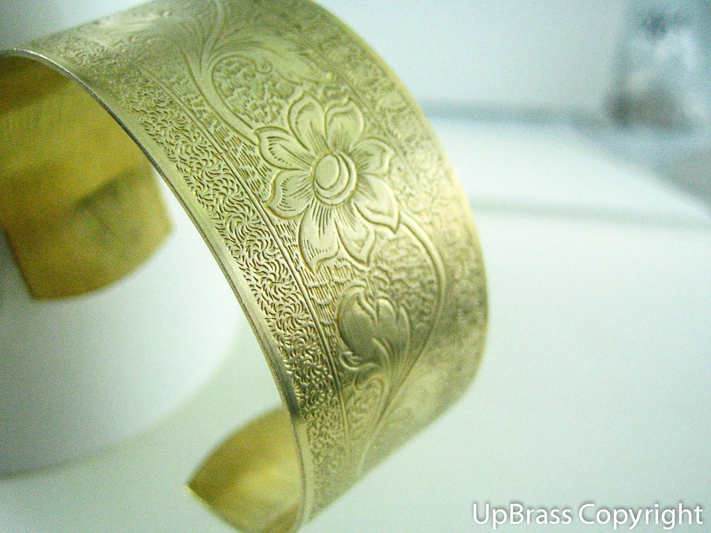 Art nouveau floral cuff--- golden raw brass,highly detailed, ornated, adjustable Victorian bangle/cuff