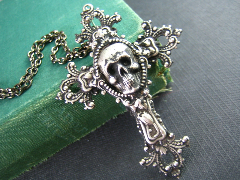 Large antique Sterling silver plated skull cameo ornate cross necklace