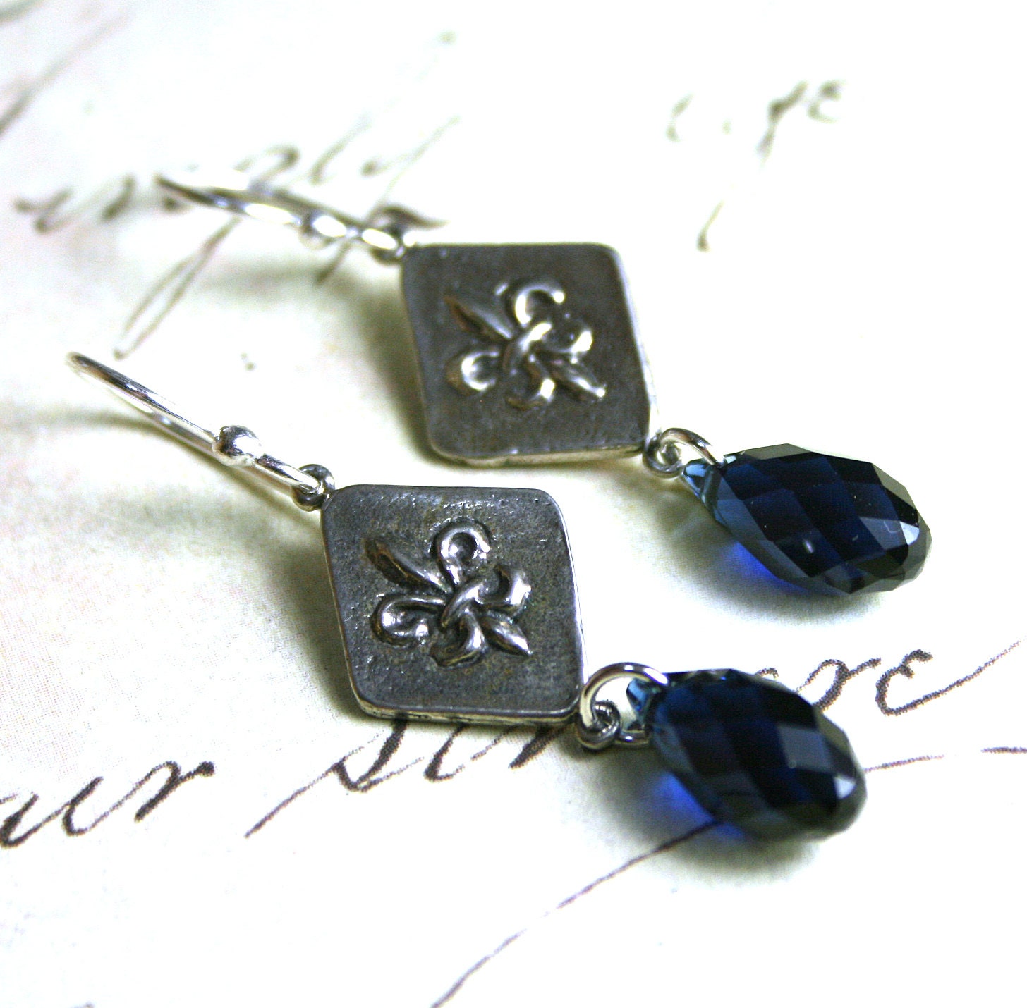 SALE - Fleur-de-Lis Crystal Briolette Drop Earrings in Dark Sapphire Blue - Sterling Silver and Swarovski Crystal - Free Shipping