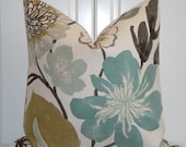 Decorative Pillow Cover - 20 x 20 or 18 x 18 - Accent Pillow - Teal - Aqua Green - Brown - Tan