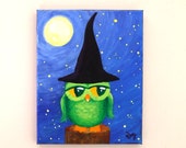 Whimsical Owl Painting, OWL WITCH, 8x10 Home Decor Wall Art - nJoyArt