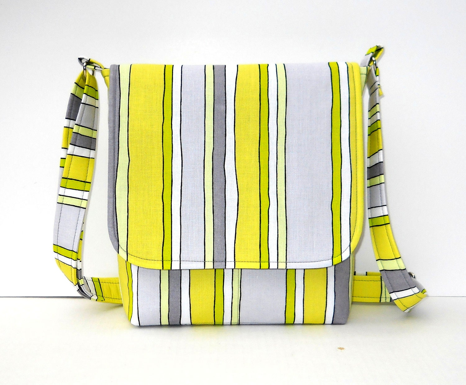 Small Messenger Bag - Gray Lime and Yellow Stripe - Long Adjustable Strap