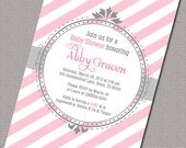 Printable girl baby shower invitation, surprise baby shower invite, pink, gray, modern stripes - Design 774