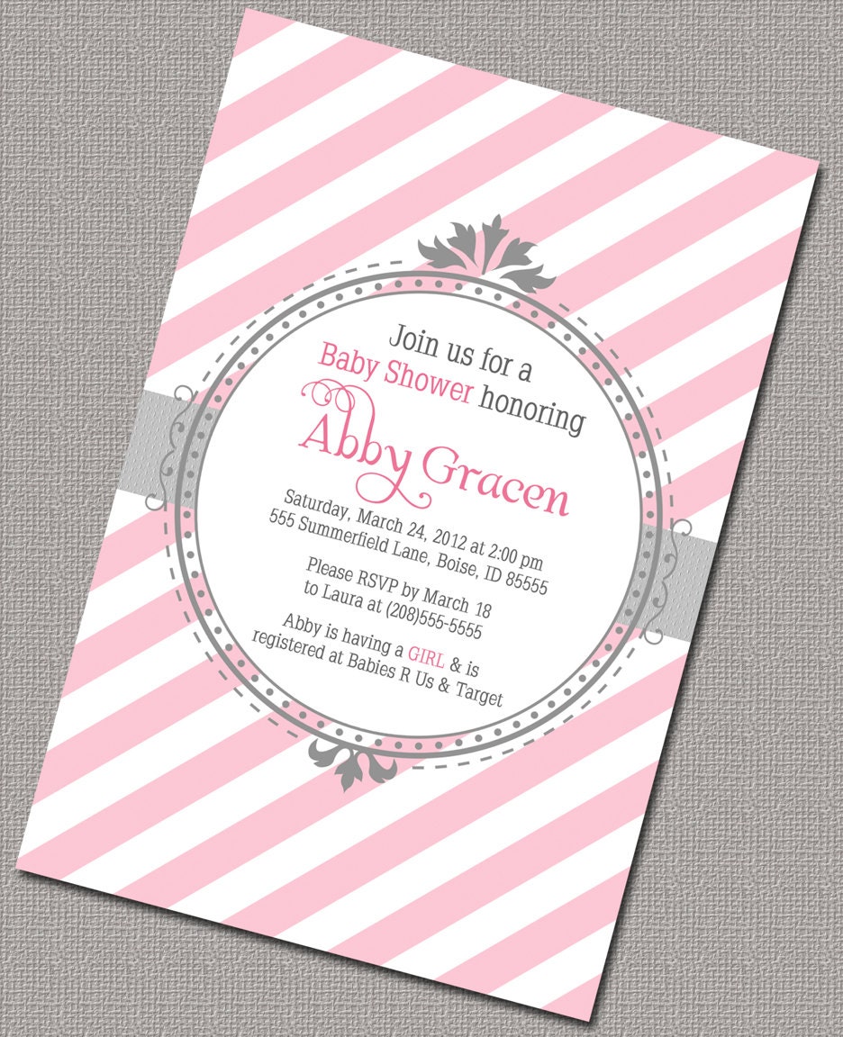 DIY Girl Baby Shower Invitation - Modern pink stripes with gray - printable digital file by A Little Treasure - Design 774