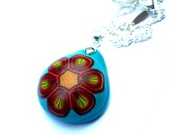 Turquoise Red Flower Pendant Fimo Polymer Clay Necklace Sterling Silver Chain