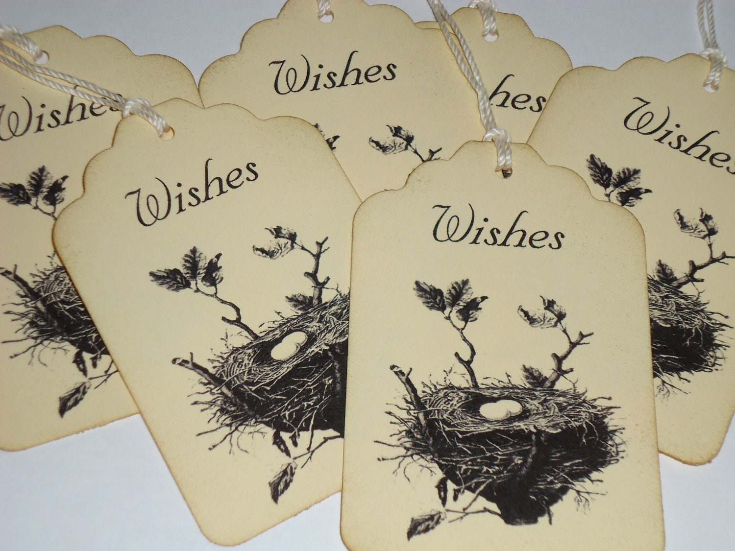 Wishes Nest with 2 Bird Eggs Handmade Wedding Wish Tag Favor 6 Pieces