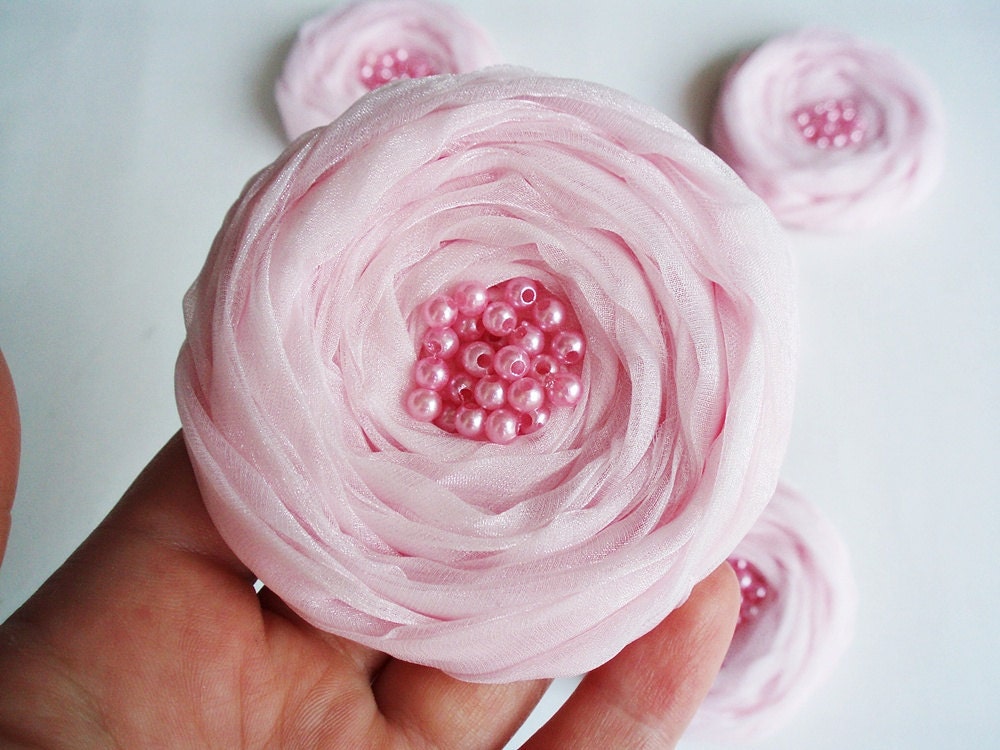 Pink Chiffon Roses Handmade Appliques Embellishments(5 pcs)