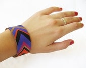 TRIBAL CHEVRON orange, pink, golden and purple-- 3 cm  or 1 1/8 inch inch Black Leather Bracelet / Cuff
