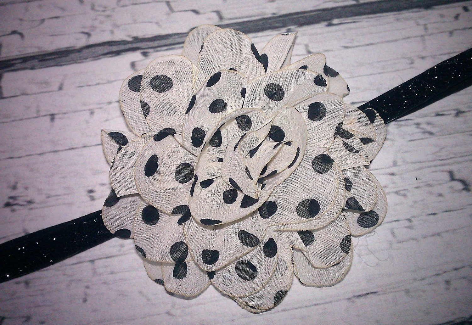 Black and White Polka Dot Chiffon Flower on Black Glitter Elastic