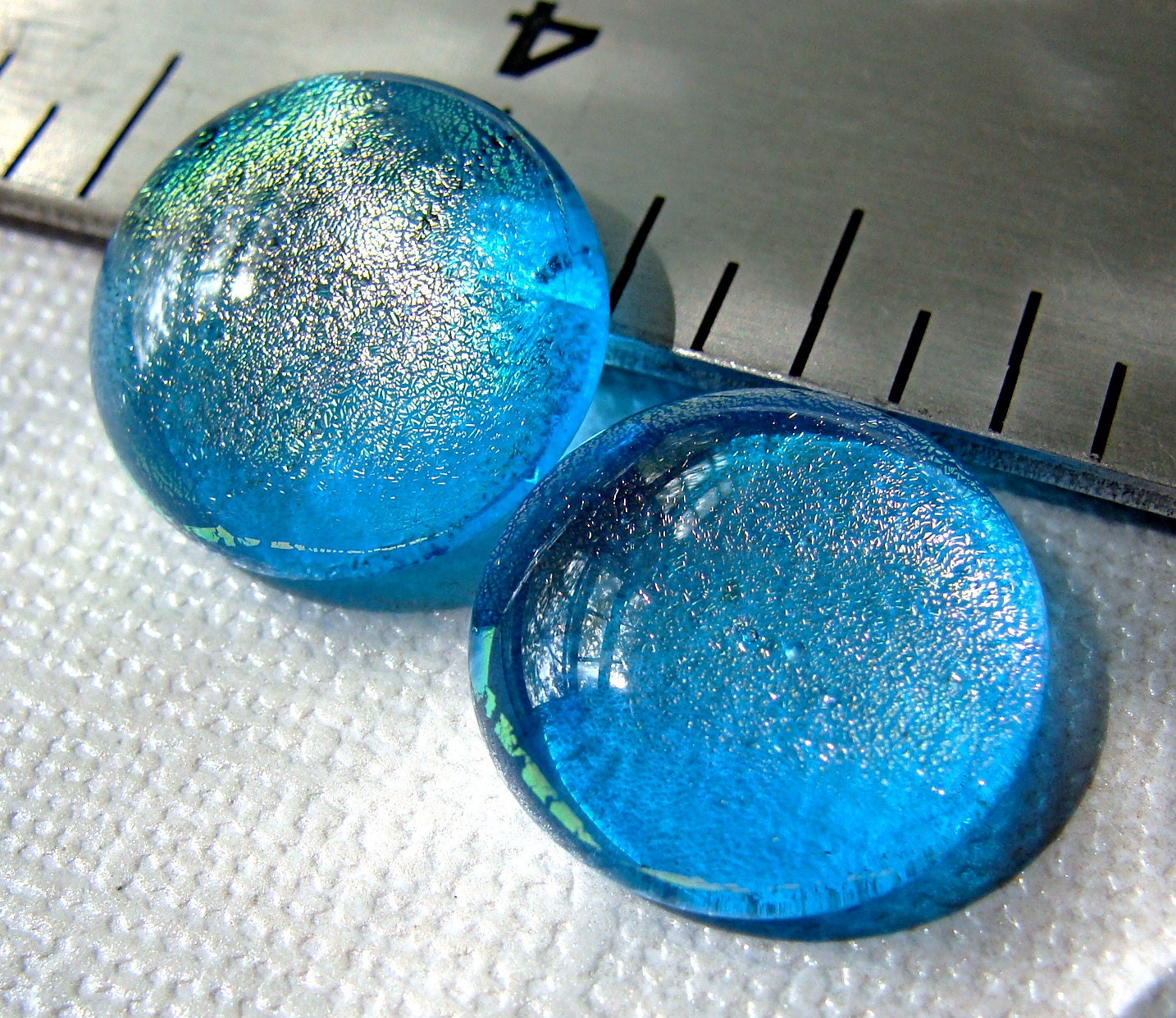 Dichroic Glass Cabochons 13 mm Pair Pink in Sky Blue