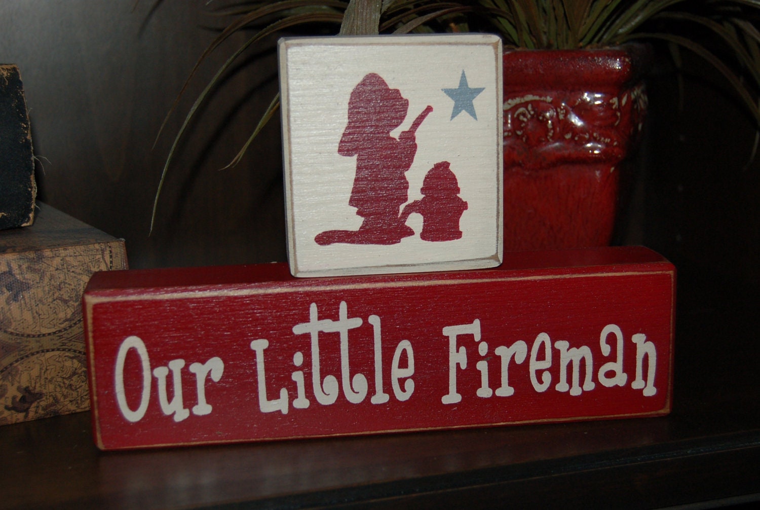 Our Little MONKEY and Our Little FIREMAN NEW Nursery Kids Children Wood Sign Shelf Blocks Primitive Country Rustic Home Bedroom Decor Gift