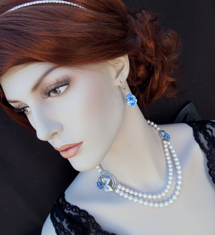 Bridal Necklace, Pearl Necklace, Something Blue Necklace, White Swarovski Pearls Necklace, Pearl Bridal Necklace, Vintage Necklace, LUCIA