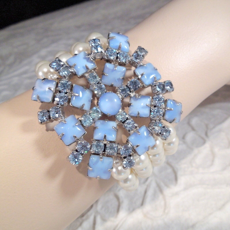 Pearl Bracelet,Bridal Bracelet,Something Blue Bracelet,Ivory or White Pearls,Bridal Rhinestone Bracelet,Statement Bridal Bracelet,ELEANOR