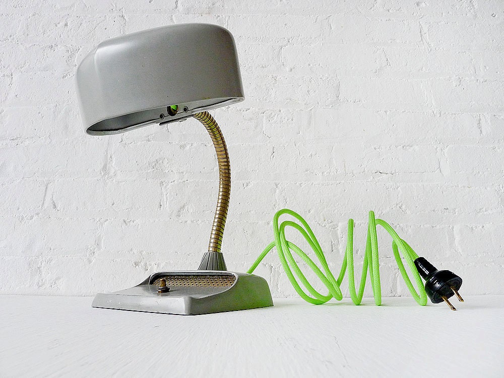10% SALE - Vintage Industrial Desk Lamp - Mid Century Hood Light w Neon Yellow Green Color Cord