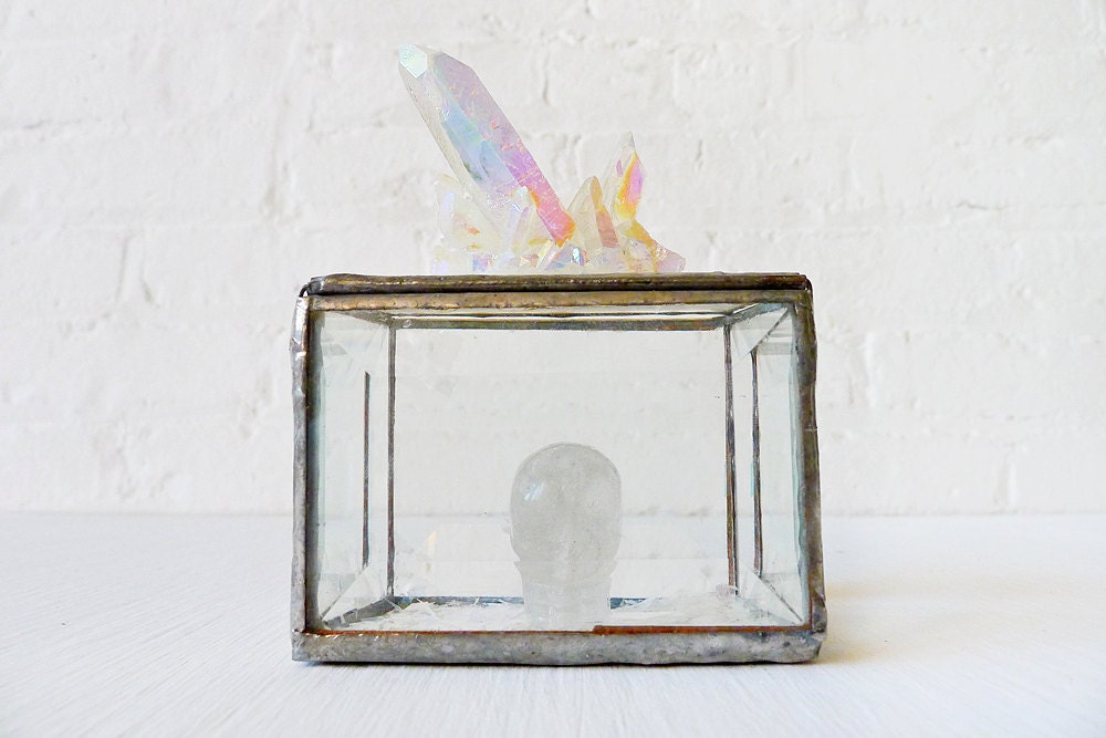 Beveled Glass Jewelry Box with Skull Guardian and Rainbow Quartz Mica City