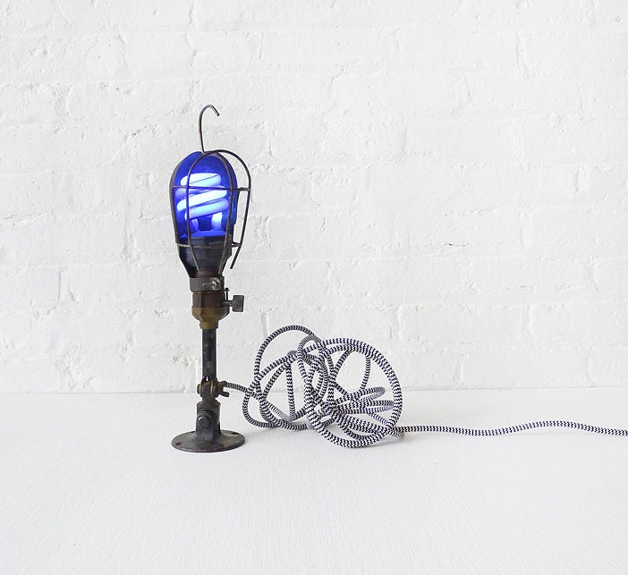 Vintage Antique Industrial CFL Black Trouble Cage Light Lamp w/ B&W Zig Zag Print Cord