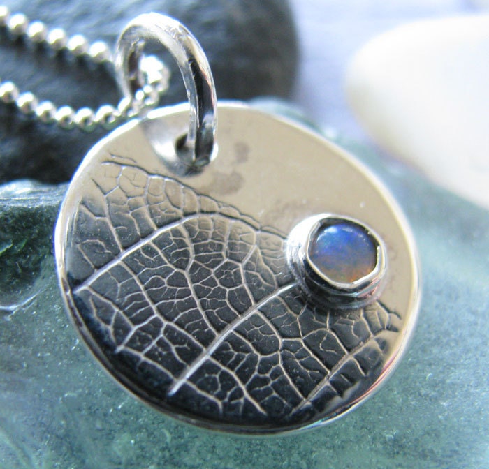 OCT Opal Silver Leaf Disc Necklace on Ball Chain : October Birthstone
