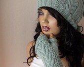 Mint Knitting Hat and gloves-Pon pon hat-Set-fingerless gloves hat set