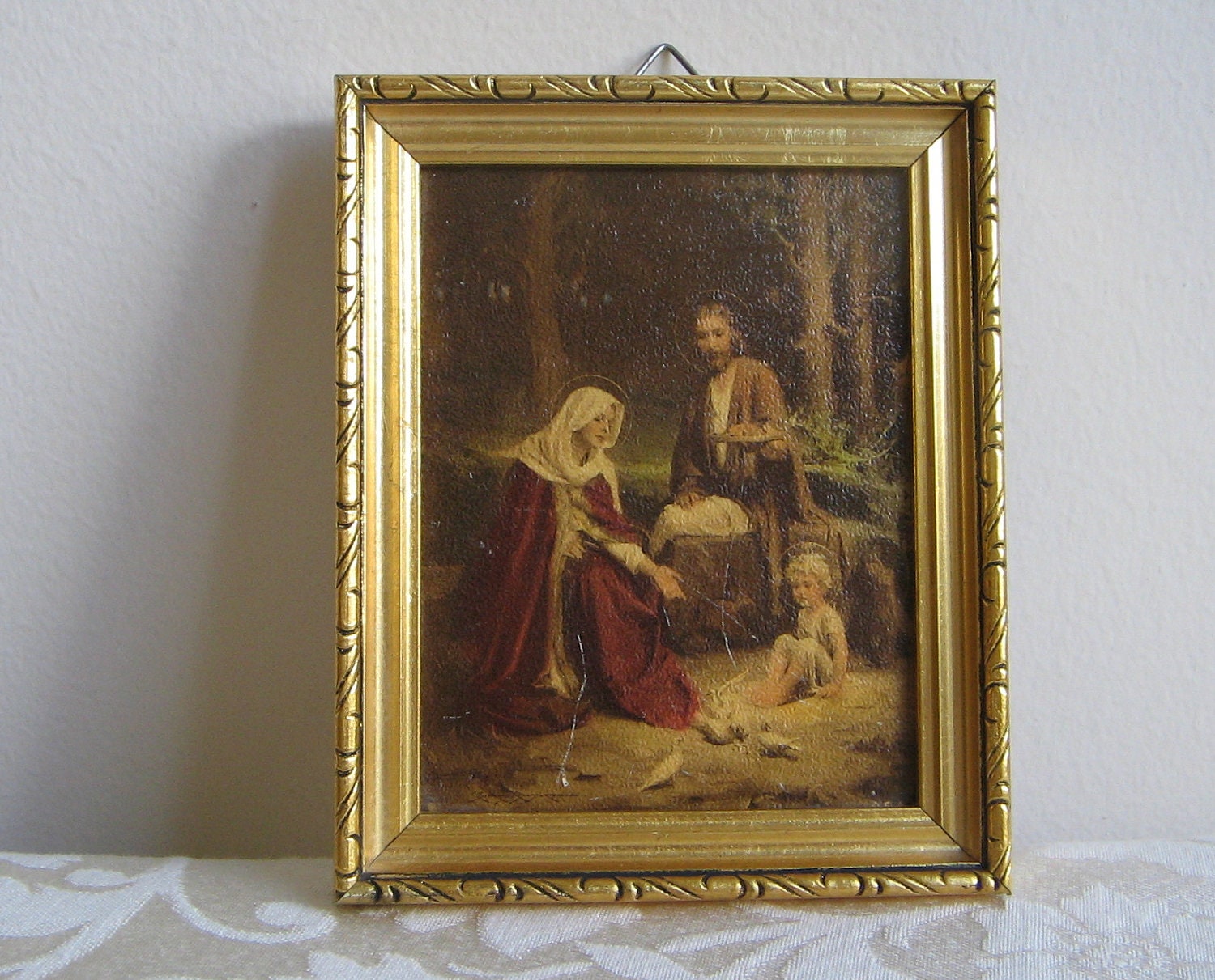 Vintage Religious "Holy Family" Wall Art Print by C. Bosseron Chambers, Jesus Mary Joseph, Gold Wood Frame, Edward Gross Co.