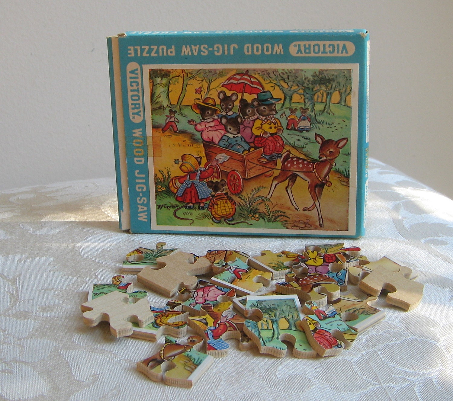 Vintage Wood Jig-Saw Puzzle by Victory, Deer Mouse Family, England