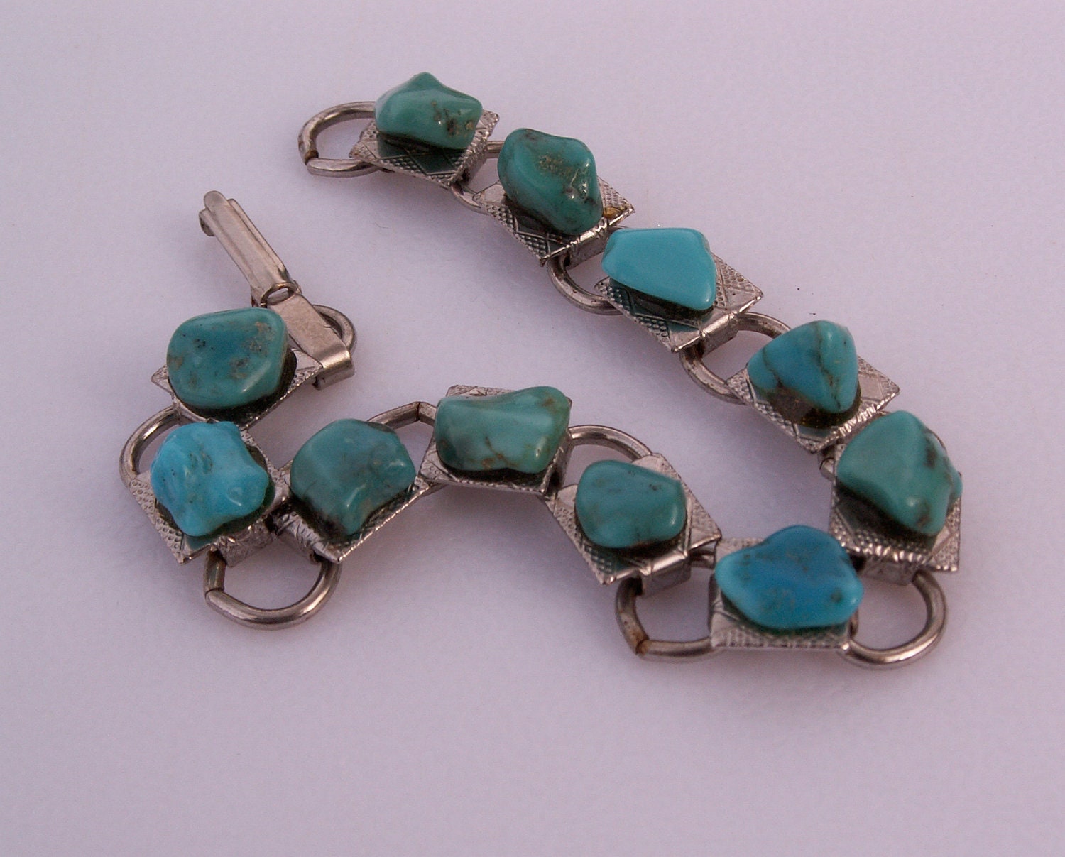 Vintage Bracelet Turquoise Faux Silver Mexican Southwestern Inspired Design Blue