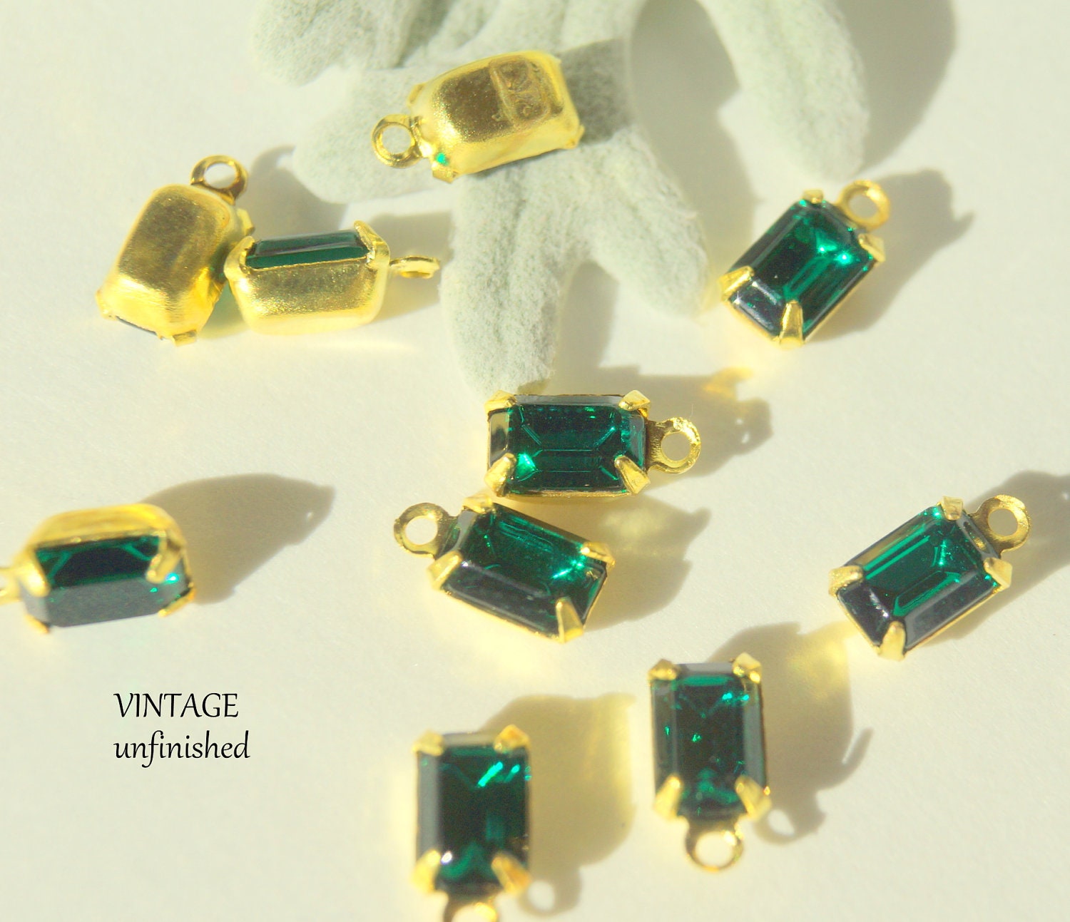 6 Swarovski Emerald Green 6x4mm Octagon Rectangle Faceted Drops - brass bezel setting - one loop