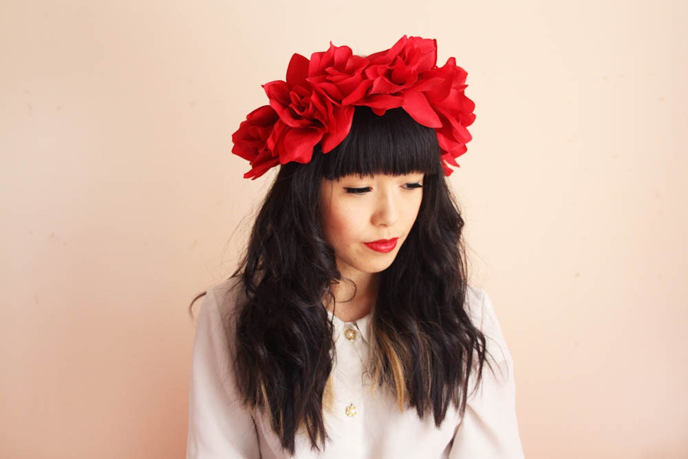 floral crown headband hair wreath - red, love, romantic statement headpiece, large flower crown, oversized.