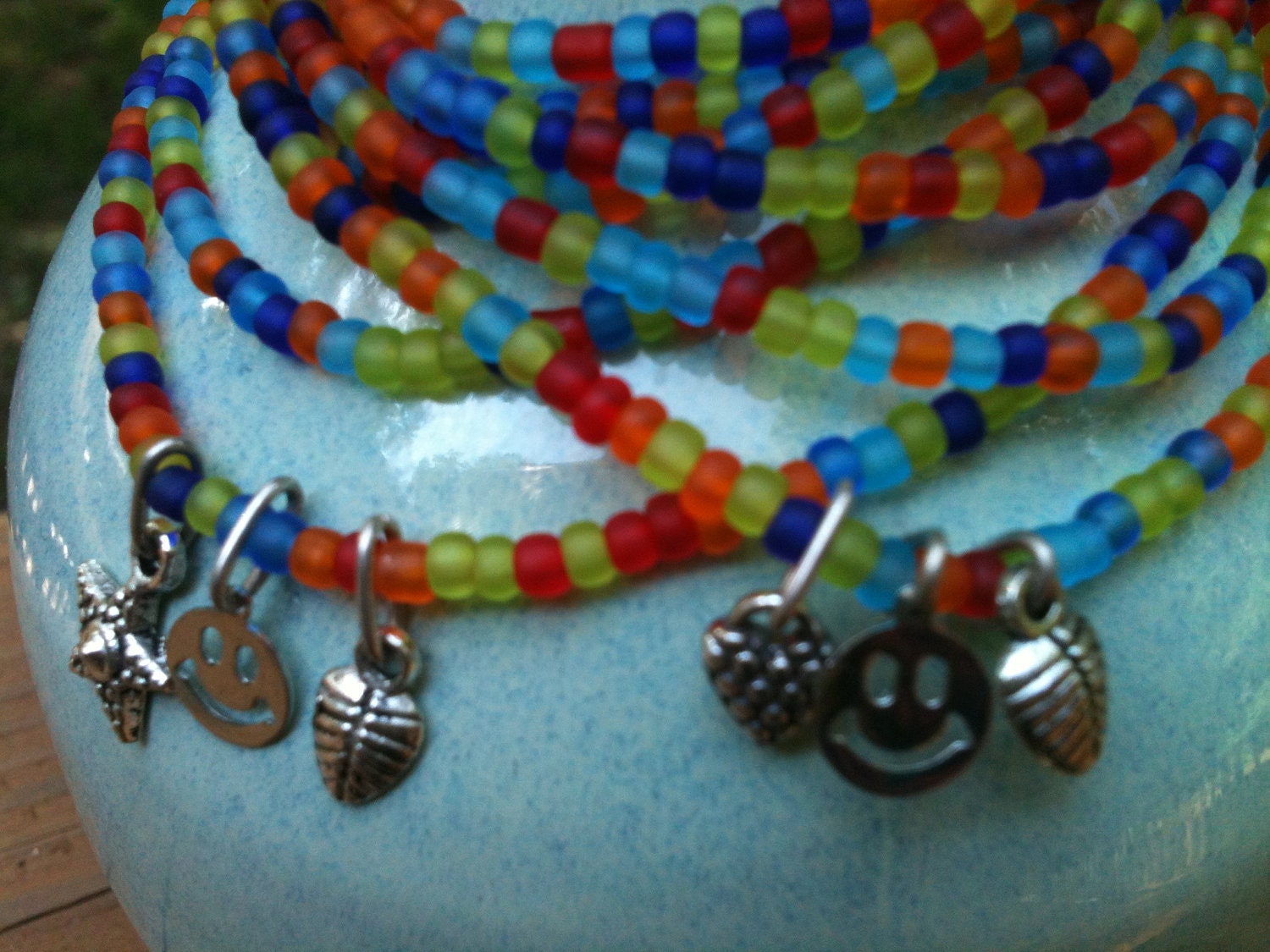 STUNNING BeAdEd STRETCHY Charm stacking bracelet Star / Leaf / Smiley Face Wrap 4 times doubles as Anklet