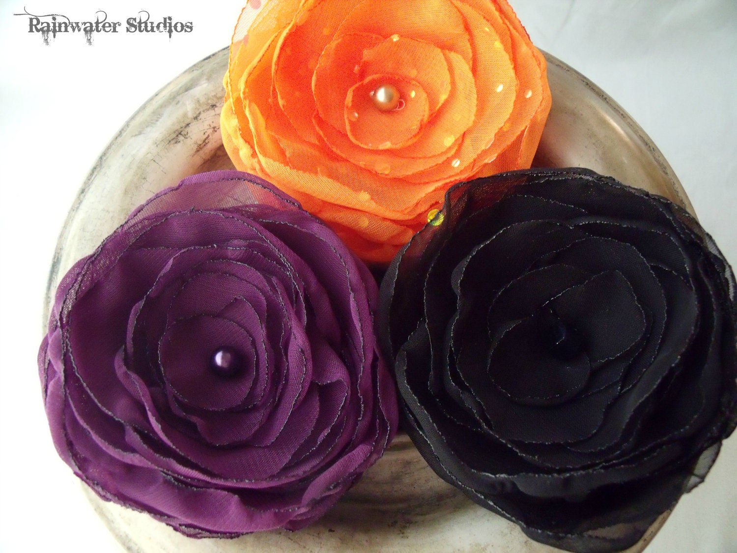 Wedding Hair Flower Clip Trio- Halloween Orange, Black, Mystic Purple