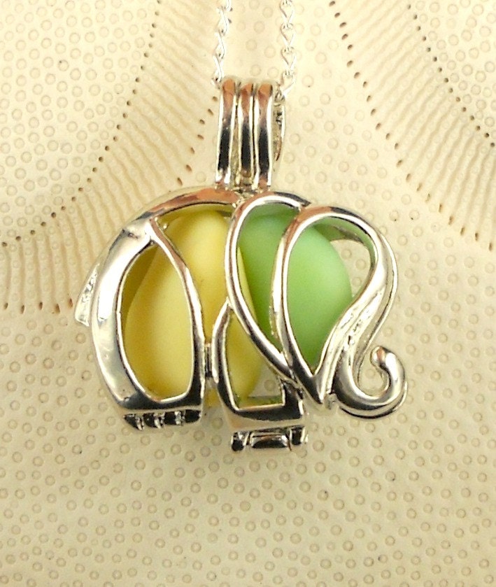 GENUINE Sea Glass Necklace Elephant Locket  Green And Yellow Milk Glass