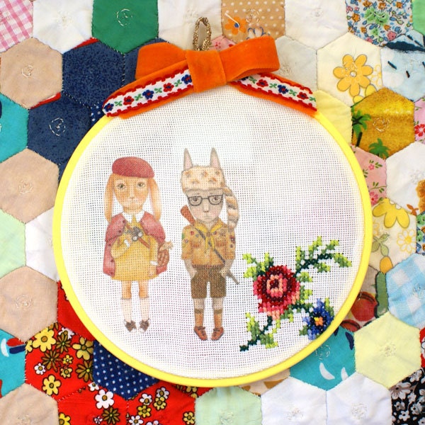 Moonrise Kingdom Bunnies with Vintage Cross Stitch Floral Embroidered Wall Hanging
