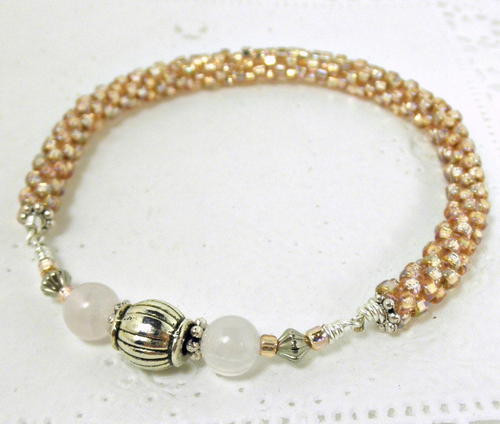 Beadwoven Pink Seed Bead Bangle Bracelet with Rose Quartz & SP Barrel Bead Focal