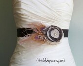Dusty Rose and Chocolate Wedding Sash Bridal Bridesmaid Belt with Peacock Feathers Pink and Brown Chiffon Flower - Rhapsody