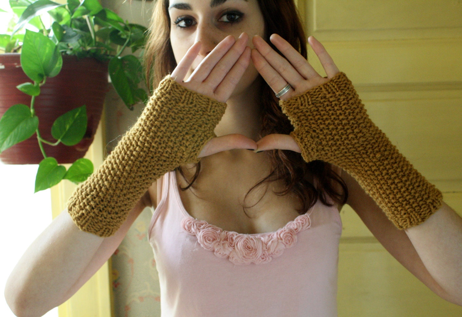 Ochre Wool Fingerless Gloves