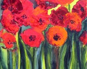 RED POPPY PRINT gift 8"x10" red orange green by devikasart