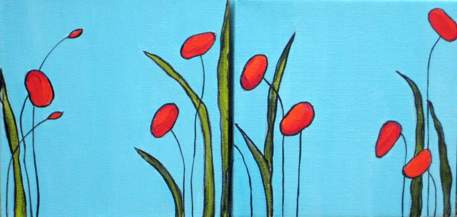 POPPIES painting gift  -6"x12" red flowers