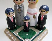 Wedding Cake Topper / Custom Painted Wood Peg Dolls/ Personalized Plaque / Couple Plus 3 small pegs and Plaque / sports