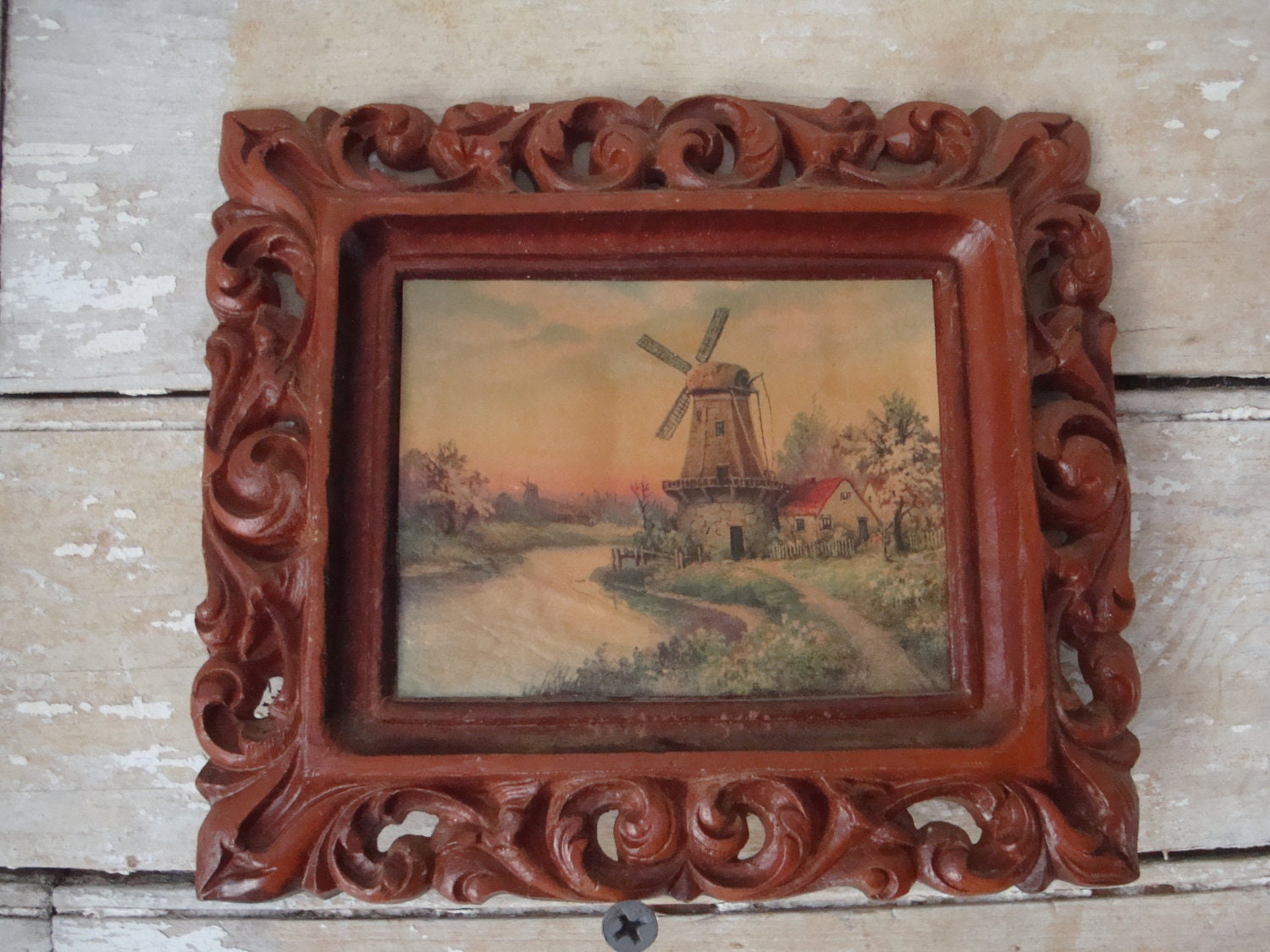 Vintage Dutch Windmill Picture Made of Syroco Wood Picture