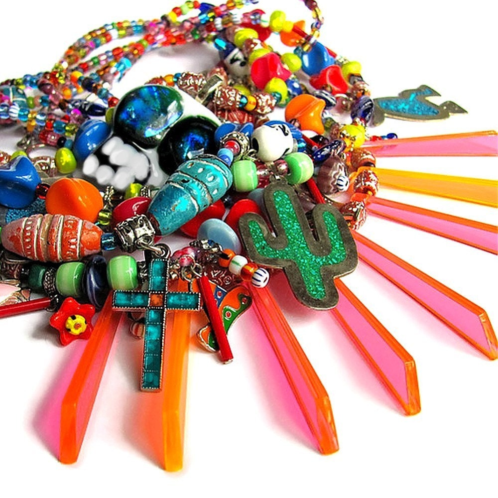 MEXICO huge multi strand colorful fiesta bib necklace statement necklace Mexico jewelry unique jewelry bold colorful necklace