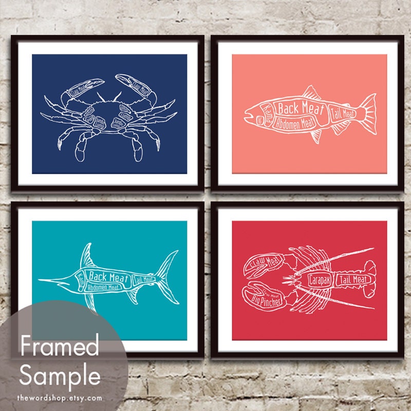 Crab, Salmon, Swordfish and Lobster Butcher Diagram Seafood Series - Set of 4 8x10 Prints (Featured in Navy, Coral, Oceanic, Burberry)