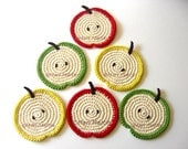 Apple Slice Crochet Coasters Green Red Yellow. Beverage Drink Leaves Healthy Vegan Decor Crochet Fruit Collection - Set of 6