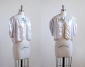 1940's bed jacket. vintage 40 silk top. ribbon jacket. lace pajama top. periwinkle blue 40's.