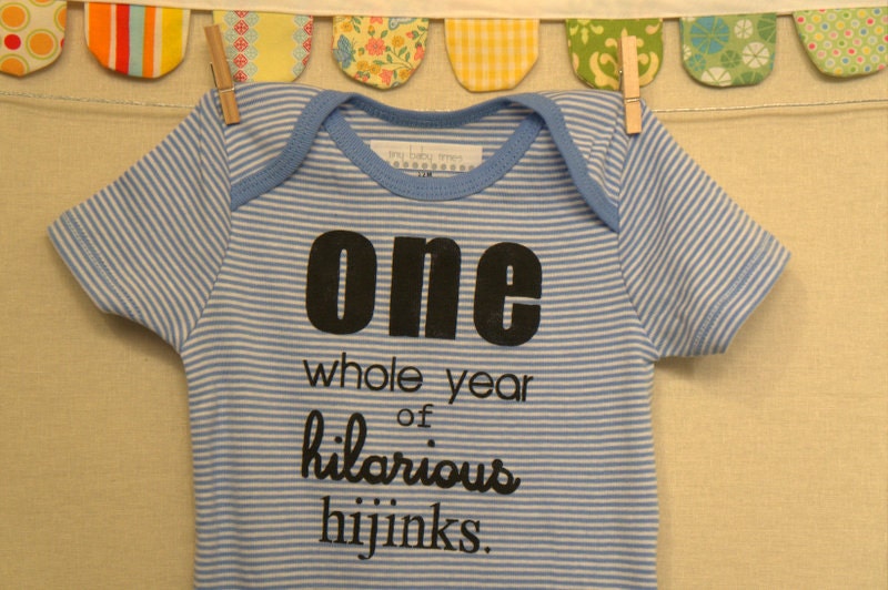 one whole year of hilarious hijinks --- blue striped onesie, size 12 months