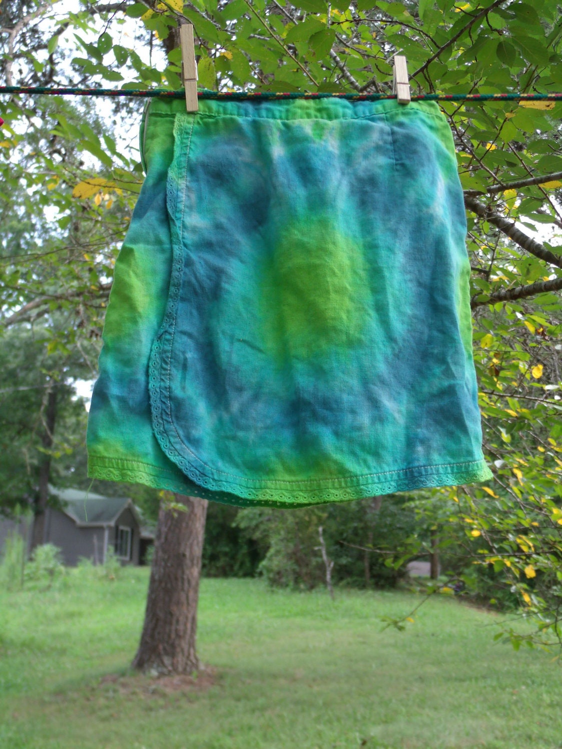 Up-cycled Little Water Goddess Tie Dyed Skirt / 5T Linen Skirt w/ Eyelet Trim Hand Dyed in Greens and Blues